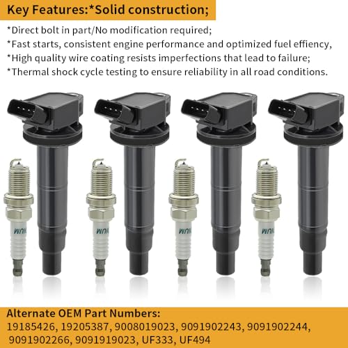 4 PCS UF333 Ignition Coil Pack & Iridium Spark Plugs Compatible with Toyota L4 2.4L 2002-2011 Camry, 2009-2010 Corolla, 2009-2010 Matrix, 2001-2007 Highlander,2002-2003 RAV4, 2002-2006 Solara UF494 - size: UF333
