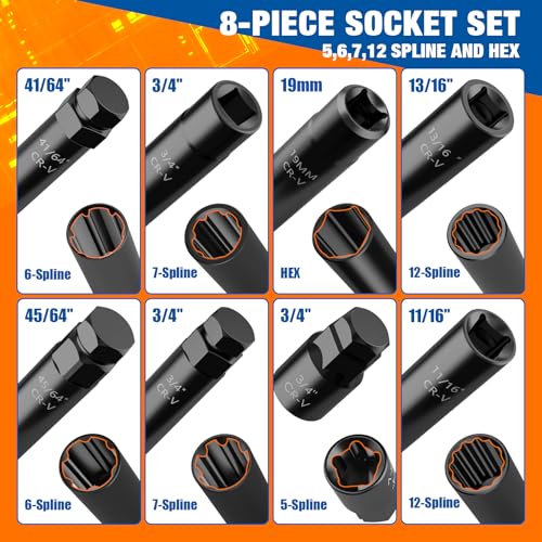 Dynofit 8-Piece Lug Nuts Key Kit, 5/6/7/12 Spline Lug Nuts Socket Set for Aftermarket Rims and Wheel Lock, with 1/2" Drive & Hex External Ends for Removal, Cr-V Steel - color: Black, size: 8-Piece Set (5/6/7/12 Spline) with 1/2" Drive