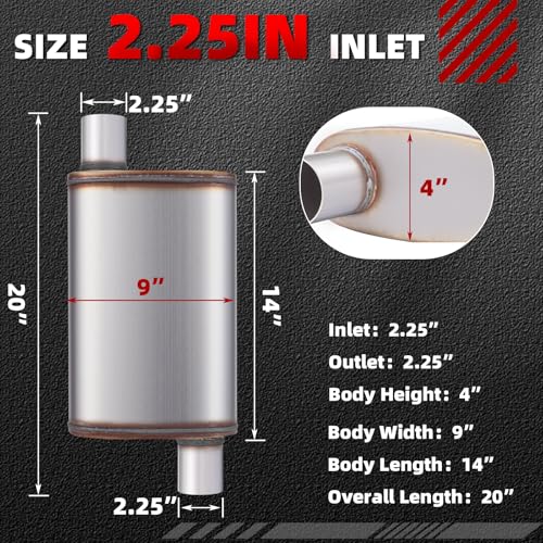 LCGP 2.25" Universal Muffler, Performance Chamber Exhaust Muffler, 2.25" Offset In/Out, 20" Overall Length Straight-Through Performance with Stainless Steel Muffler for Truck, Cars(2.25''Inlet/Outlet) - color: Offset In / Offset Out, size: 2.25 Inch