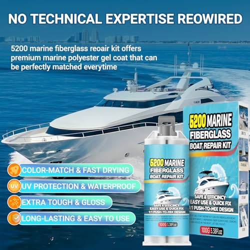 Tylove 5200 Marine Fiberglass Repair Kit, Marine Gel Coating Repair Kit, Epoxy Resin Filler, for Repairing Holes, Gaps, and deep Cracks, Suitable for Enamel, Fiberglass, Acrylic, and Ceramic - color: white 2PCS