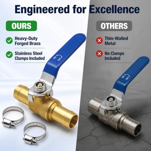 MDEOOSKY Solid Brass Hose Barb Ball Valve, 3/4 Inch Heating Water Control Fitting With Stainless Steel Clamps For Automotive HVAC Irrigation Oil Gas Pipeline And Residential Plumbing Compatibility - size: 3/4