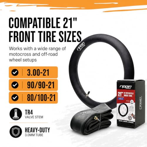 Rippin Moto 90/90-21 or 80/100-21 (3.00 X 21) Heavy Duty Motorcycle Tube - Premium 3MM Thick Natural Rubber - TR4 Valve - Fits Most 21" Motocross and Dirt Bike Tires (3.00-21) - size: 90/90-21 (3.00 x 21)