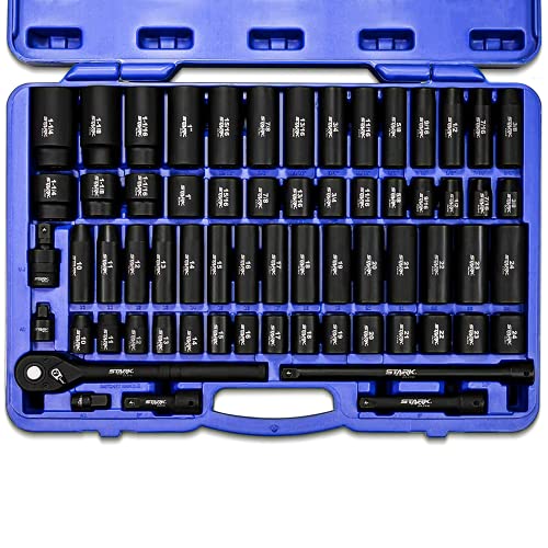 Stark USA 1/2" Drive Master Impact Socket Set, 65 Piece, Standard SAE (3/8"-1-1/4") & Metric (10-24 mm) Sizes, Deep & Shallow Kit, Includes Adapters & Ratchet Handle - style: 65pcs SAE/Metric Impact Socket Set