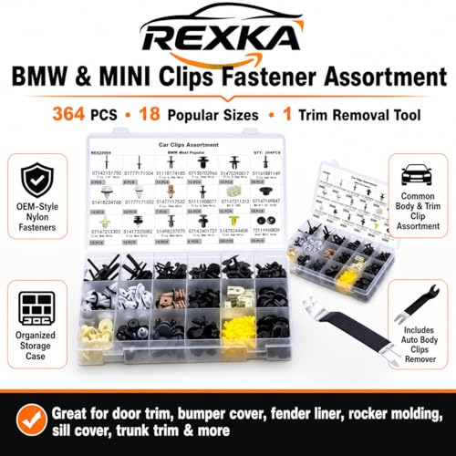 Rexka 365pcs for BMW & Mini Clips Fastener Assortment - Fender Liner, Bumper, Trim Panel Fastener Kit - Replace 07142151750, 51777171004 & More- 18 Sizes & 1 Remover - color: 365pcs