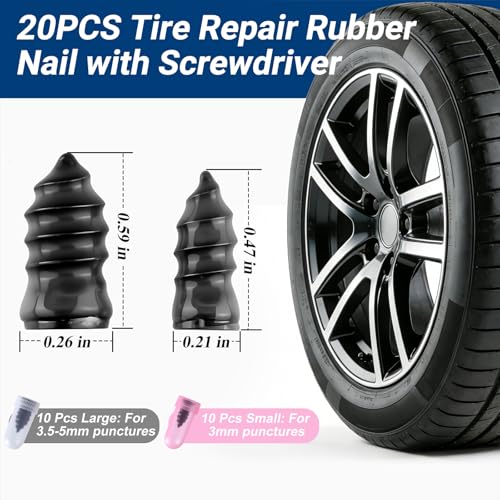 21 PCS Tire Repair Rubber Nail Kit, Premium Spiral Screw-in Tire Plugs with 2 Sizes, Emergency Roadside Flat Tire Fix Tool for Car Truck Motorcycle Tractor ATV SUV (20 PCS + 1PC Screwdriver) - size: 20 PCS + Screwdriver
