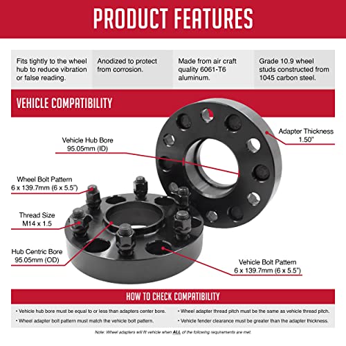 Wheel Accessories Parts 2 Pcs Hub Centric Wheel Spacers Adapters 6x5.5 6x139.7mm 1.50 Inch Thick 95.05mm Hub M14x1.5 14x1.5 Thread Stud Fits Toyota Tacoma Tundra 4-Runner Land Cruiser - size: 1.5" (2 Pack), style: 22+ Tundra 25+ Tacoma (Hub Cebtric)