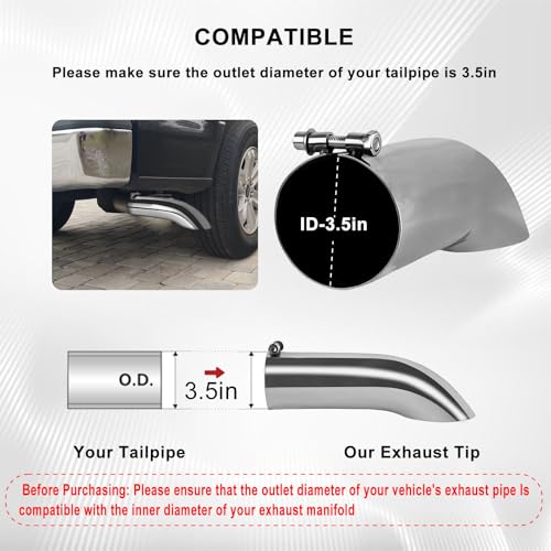 Mupera Universal 3.5 Inch Turn Down Exhaust Tip, 3.5" Outlet, 12" Long - size: 3.5" Inlet 3.5" Outlet 12" Length Silver