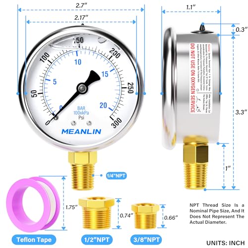 MEANLIN MEASURE 0~300Psi Stainless Steel 1/4" NPT 2.5" FACE DIAL Liquid Filled Pressure Gauge WOG Water Oil Air Lower Mount, with 1/2" NPT and 3/8" NPT Hex Bushing - size: 0-300Psi