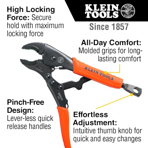 Klein Tools 38660 Locking Pliers Set, 7-Inch and 10-Inch Curved Jaw Pliers, Quick Release Handles, High Torque and Gripping Power, 2-Piece - size: 7-Inch, 10-Inch Set
