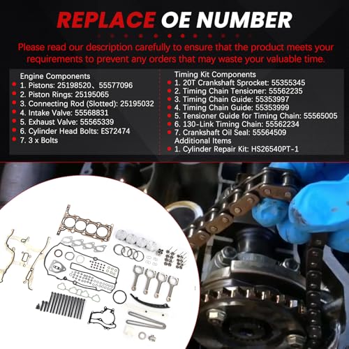Engine Pistons Overhaul Rebuild Kit Connecting Rods Fit for Chevy Cruze 2011-2016 1.4L with Timing Chain Kit Intake Valves Cylinder Repair Kit Head Gaskets Replace 55562234 55355345 55564509