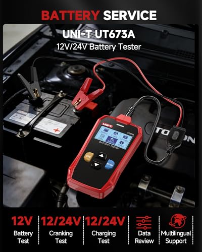 UNI-T UT673A 자동차 배터리 테스터 - 고급 컨덕턴스 기술, 12V/24V 시스템 테스트(CCA 40-2000A, 3-250Ah), 배터리 상태/수명/충전 및 시작 시스템 진단, 일반적인 결함을 빠르게 감지