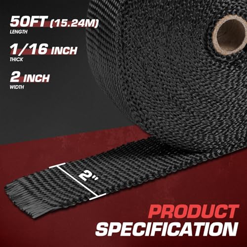 DNA MOTORING 2" x 50' Exhaust Header Wrap Heat Wrap for exhaust pipes, Exhaust Tape Pipe Heat Tape for Motorcycle Fiberglass Heat Shield Tape with 5pcs Stainless Ties, 1 Roll, Black, WRAP-50-ZIP-BK-1P - color: Black, size: 50 Feet