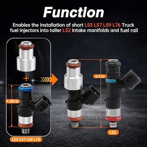 FUSCH 8PCS LS Fuel Injector Adapter Spacer Kit, LS3 LS7 LS9 L76 to LS2 Intake Fuel Rail, 6061 Aluminum Injector Extenders, Adds 0.59” Height