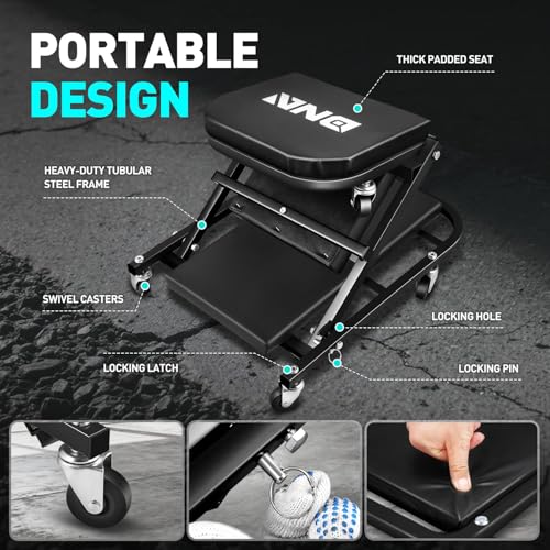 DNA Motoring 40 Inches Folding 2 in 1 Rolling Z Creeper, Adjustable Roller Garage Chair Lay Down or Sit, 6 Pcs 2" Casters, 150kg Weight Capacity, Black, TOOLS-00494 - color: Black, size: 40 Inches