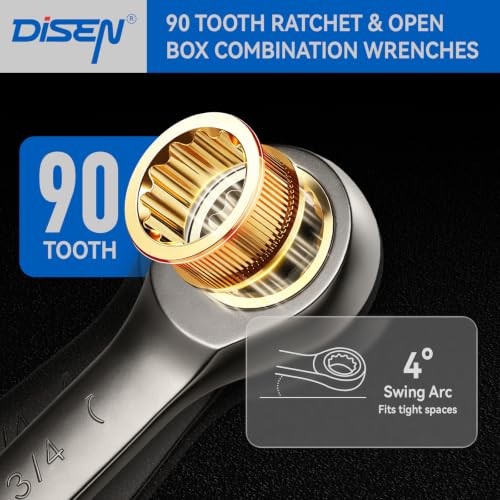 DISEN Ratcheting Wrenches Set 90 Tooth Fixd-Head with Nickel Plating 26 Pcs - size: 26 MM&IN