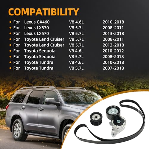 Serpentine Belt Tensioner Idler Pulley Drive Kit 4.6/5.7L V8 Fit for Toyota Sequoia/Tundra/Land Cruiser, for Lexus GX460/LX570, 2007-2018 - Replace 90K-39185 (39185+36370+8PK2415)