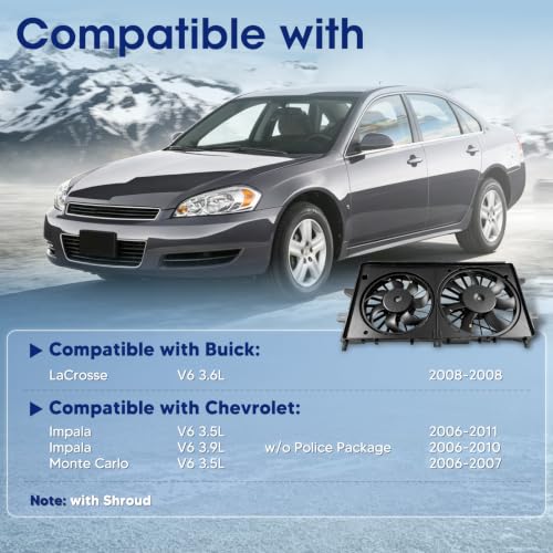 Engine Cooling Radiator Fan Assembly Fit for Buick Lacrosse 2008, Chevrolet Impala 2006-2011, Monte Carlo 2006-2007, Reference Number 620973, 621420, 76022 - size: 620973, 621420