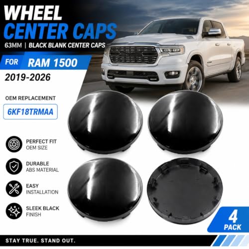 63mm Gloss Black Wheel Center Caps for Ram 1500 2019-2026, 4PCS - color: glossy black