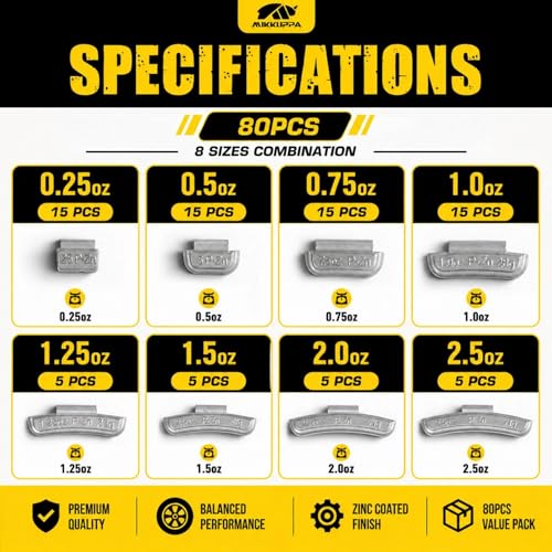 MIKKUPPA 80Pcs P Type Wheel Weights - Zinc Clip on Wheel Weights Assortment - size: 80PCS