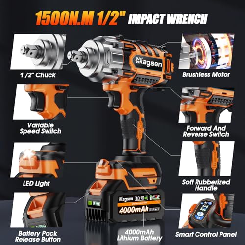 1500N.m Impact Wrench, 1/2" High Torque 1107ft-lbs Cordless Impact Gun with 2 x 4.0Ah Battery, 21V Power Impact Driver with 5 Sockets,LED Light,Electric Impact Truck RV Car Heavy Construction - size: 1500N