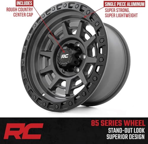 Rough Country 85 Series 17x9 Wheel - 8x170mm, 12mm Offset, Gunmetal Gray with Black Simulated Beadlock, One-Piece Aluminum Off-Road Wheel