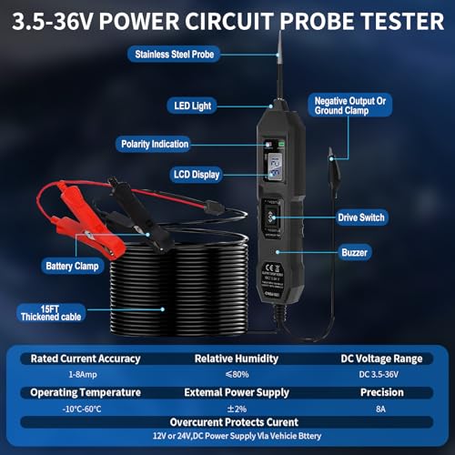 Power Circuit Probe Tester,6V/12V/24V DC Circuit Tester Automotive,Test Light,Fuse & Voltage Tester,Automotive Short Circuit Breake Finder Electrical Tools (Black) - color: Black