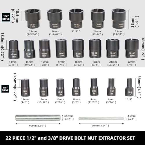DPTOOL Lug Nut Extractor Set, Bolt Nut Extractor, Wheel Lock Removal Kit - size: 22PC