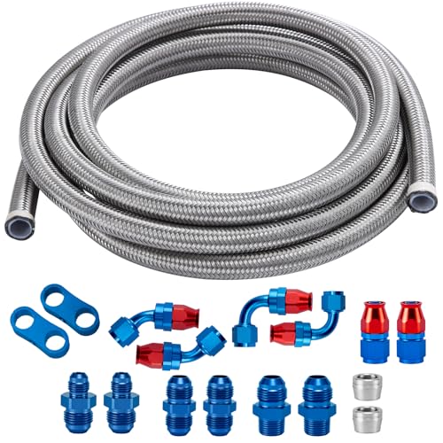 8AN PTFE Fuel Line Kit Stainless Steel Braided PTFE Fuel Hose 10FT With AN8 Hose End Fitting, Blue & Red - size: 8AN 10FT