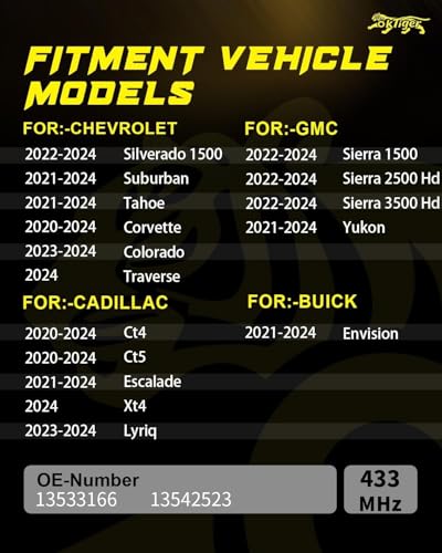 Oktiger 433MHz TPMS Sensor Pre-Programmed Fit for Chevy Tahoe 2021-2024, Silverado 1500 2022-2024, Colorado 2023-2024, for Cadillac Escalade 2021-2024, CT4/CT5 2020-2024, 4PCS OE# 13533166