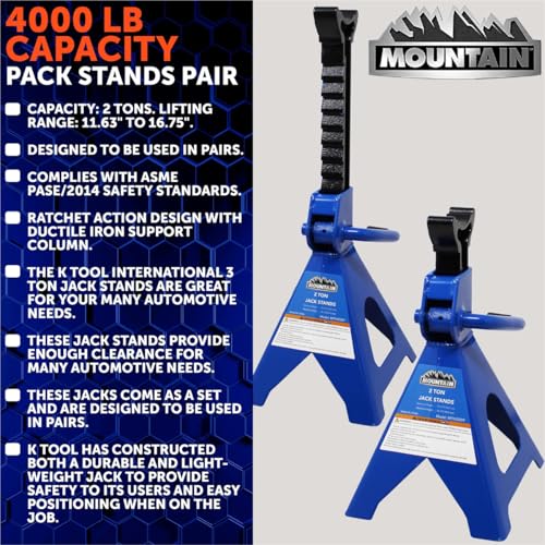 Mountain 52009 2 Ton Automotive Jack Stands for Garages, Repair Shops, and DIY, 4,000 lbs. Capacity, Lightweight, Heavy Duty Steel Frame, Adjustable Height 10.3"- 16.2", Wide Base, Black/Blue, Pair