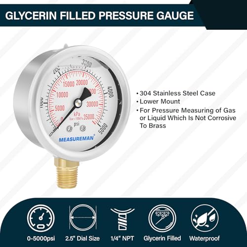 MEASUREMAN 2-1/2inch Dial Size, Liquid Filled Hydraulic Pressure Gauge, 0-5000psi/kpa, 304 Stainless Steel Case, 1/4inchNPT Lower Mount - size: 0-5000 psi, style: Lower Mount
