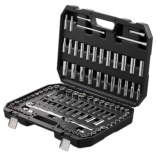 VEVOR Socket Set, 1/4" and 3/8" Drive Socket and Ratchet Set, 6-Point Socket Opening, 106 Pcs Tool Set SAE and Metric, Deep and Standard Sockets, 5/32-1 in, 5-19 mm, with Accessories, Storage Case - size: 106-PCS