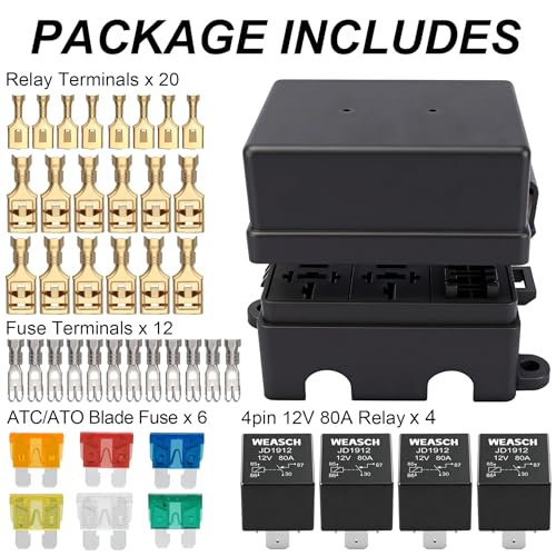 12V 6 Way Fuse Relay Box, 4x4-Pin 80Amp Relays and 6 ATC/ATO Blade Fuses, for Cars Truck Marine Boat Jeep - size: 80A 4 Relay 6 Fuses, style: Box
