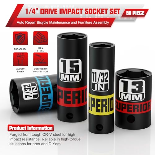 50 Piece 1/4" Drive Impact Socket Set, SAE (5/32" - 9/16") & Metric (4 mm - 15 mm), Deep and Shallow Sockets, Auto Repair Bicycle Maintenance and Furniture Assembly - size: 1/4" Metric & SAE