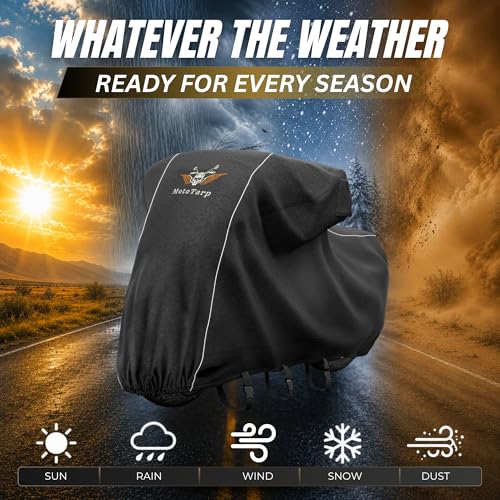 600D Heavy Duty Motorcycle Cover Waterproof Outdoor Storage All-Season Weatherproof Protection with Air Vents, Exhaust Heat Shield, Wheel Lock Slots (Black, 4XL (108X43X56)) - size: 4XL (108X43X56)