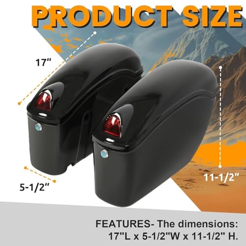 ECOTRIC 36L Universal Motorcycle Hard Saddle Bags W/Lock & Lights - color: Black, size: 17"L x 5.5"W x 11.5"H, 36L