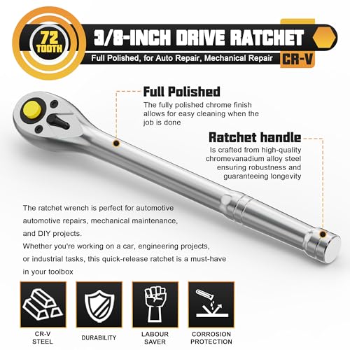 3/8-Inch Drive Ratchet, 9'' Ratchet Handle, 72-Tooth Quick-release Ratchet Wrench, Full Polished, for Auto Repair, Mechanical Repair - size: 3/8 drive 9 inch