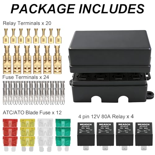 12V 12 Way Fuse Relay Box, 4x4-Pin 80Amp Relays and 12 ATC/ATO Blade Fuses, for Cars Truck Jeep - size: 80A 4 Relay 12 Fuses, style: Box
