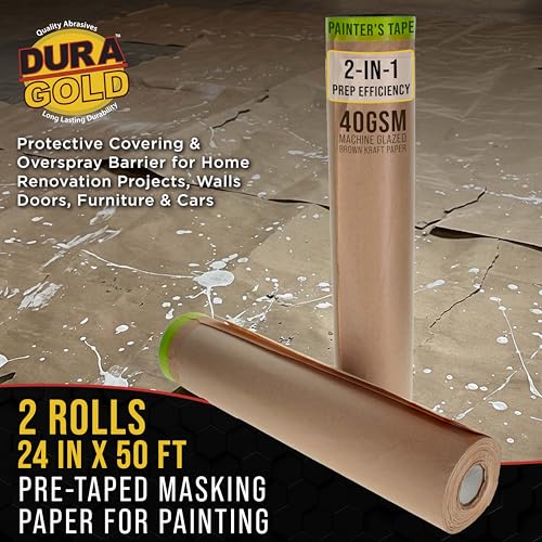 Dura-Gold Pre-Taped Masking Paper for Painting (24" x 50', 2 Rolls) - Tape - size: 24-inch-x-50-feet (Pack of 2)