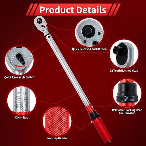 Hairich 3/4-Inch Torque Wrench, Dual-Direction Adjustable 60 tooth 100-400ft.lb/136-542Nm, Professional Torque Wrench, for Maintenance Tool and Product Assembly - size: 3/4inch 100-400FT.LB