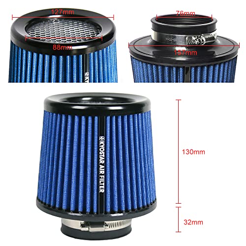 Universal 3" 76mm High-Flow Air Filter, Reusable Cone Cold Air Intake, High Performance, Washable, Clamp-On Car High Flow Dry Air Kit, Flange Diameter: 3 Inch, Filter Height: 6.4 Inch, Green - color: 3" 76mm blue