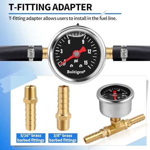 Boltigen Fuel Pressure Gauge, 0-15psi Fuel Pressure Gauge Kit, Glycerin Filled Fuel Pressure Regulator with Gauge for Car, 1/8'' NPT Inline Fuel Pressure Guage with 3/8'' 5/16'' Barb, Black - color: Black