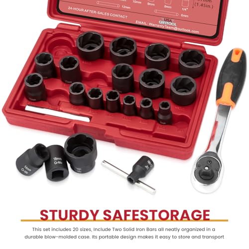 22PCS Bolt Extractor Set, 1/2" and 3/8" Drive Easy Out Stripped Locking Lug Nut Removal Tool, Ez Out Wheel Lock Remover Kit for Extracting Damaged, Broken, Rusted Nuts & Screws(Red)