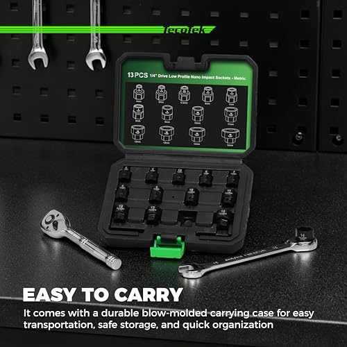 TecoTek 13-Piece 1/4-Inch Drive Metric Low Profile Impact Socket Set, Stubby Socket Set, 4mm to 15mm, No Skips Sizes, 6 Point, Cr-Mo, Shorter Socket for Tight Areas - size: 4mm - 15mm(1/4" Dr.)