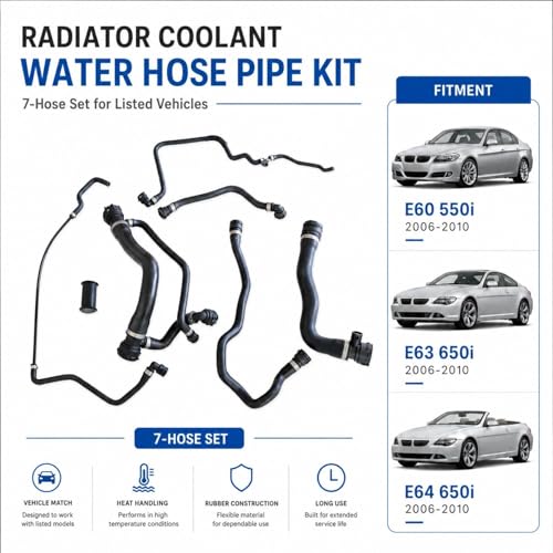 FZJDSD Radiator Coolant Water Hose Pipe Kit (7 Hoses) Fit for BMW E60 550i Sedan E63 650i Coupe E64 650i Convertible 2006-2010 4.8L N62 V8 Automatic Transmission # 17127542540 115314364