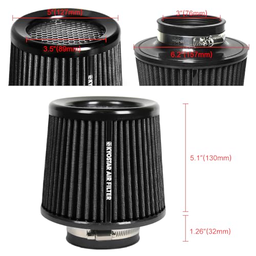 KYOSTAR Universal 3" (76mm) High-Flow Air Filter, Reusable Cone Cold Air Intake, High Performance, Washable, Clamp-On Car High Flow Dry Air Kit, Flange Diameter: 3 Inch, Filter Height: 6.4 Inch, Black - color: 3" (76mm), Black