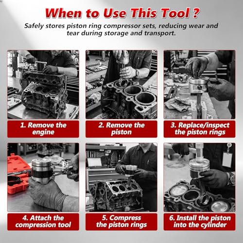 Engines Piston Ring Compressor Tool with Ratchet Pliers & 6 Piston Rings