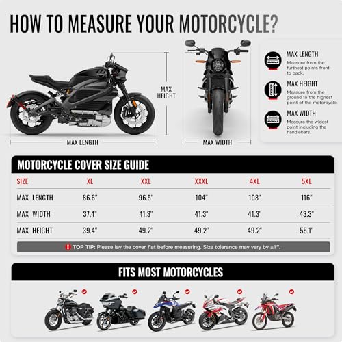 Motorcycle Cover Waterproof Outdoor Heavy Duty All-Weather UV Protection with Reflective Strips & Lock Holes,Storage Bag,Sport,Fits Most Cruiser,Touring,Street,Dirt Bike (Length up to 86.6")