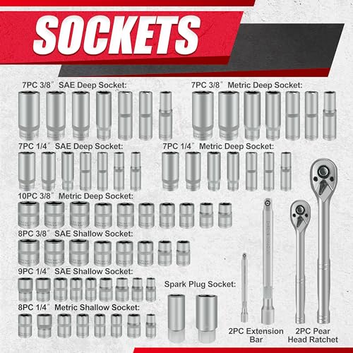 EACELIY 69pcs 1/4”&3/8"" Drive Impact Socket Set,Drive Master Socket Set,SAE/Metric, Deep & Shallow with Drive Head Ratchet,Drive Spark Plug Socket,Extension bar (3” & 6”),6 Point,CR-V Steel, Mirror - size: 69PCS 1/4&3/8inch