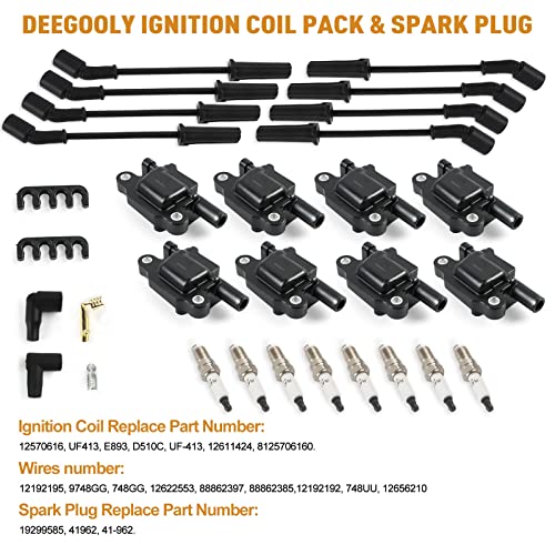 8PCS UF413 Ignition Coils Pack & 19299585 Platinum Spark Plugs & 12192195 Spark Plug Wires Set Compatible with Cadillac CTS Che-vy G-MC Pontiac G8 Grand Prix H3 Tahoe 4.8L 5.3L 6.0L - size: UF413 Ignition Coil & 19299585 Spark Plug & Wires